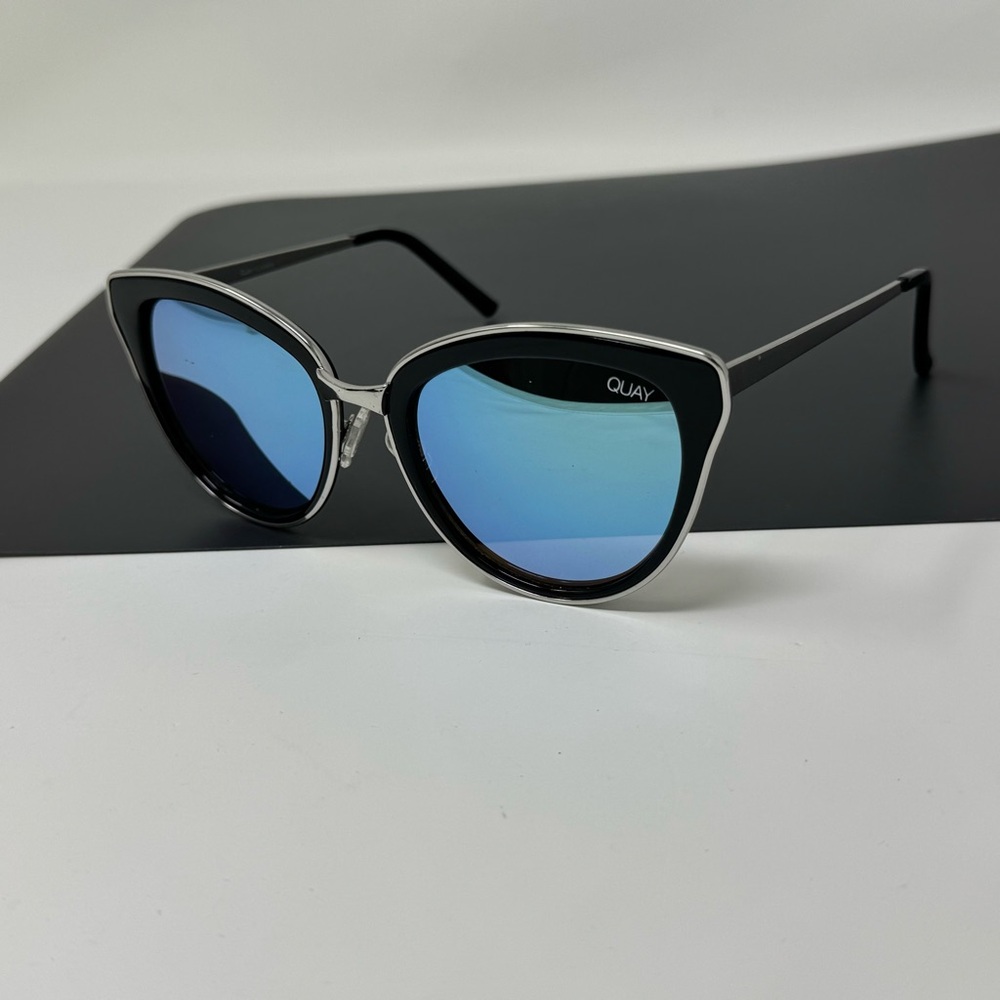 Quay Australia Every Little Thing Sunglasses Black Silver Frame with Blue lens